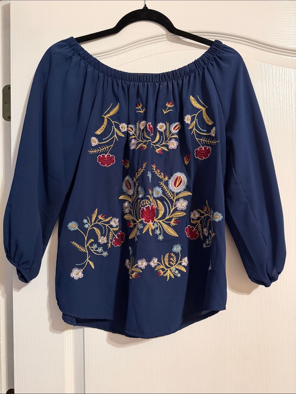 Navy Embroidered Off-Shoulder Peasant Top